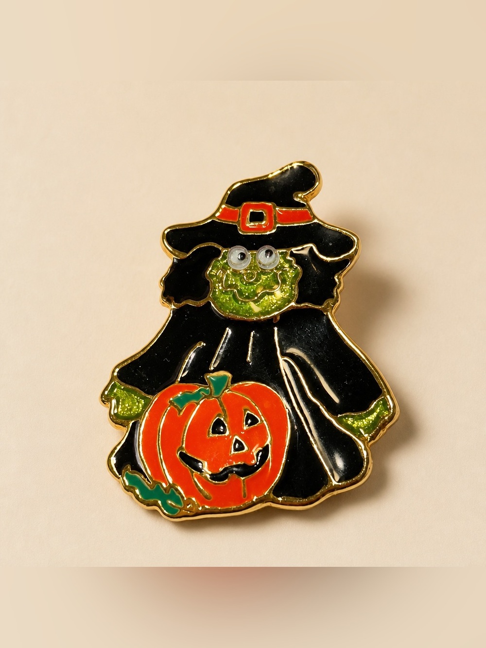 Halloween Glitter Witch Enameled Pin with Google Eyes